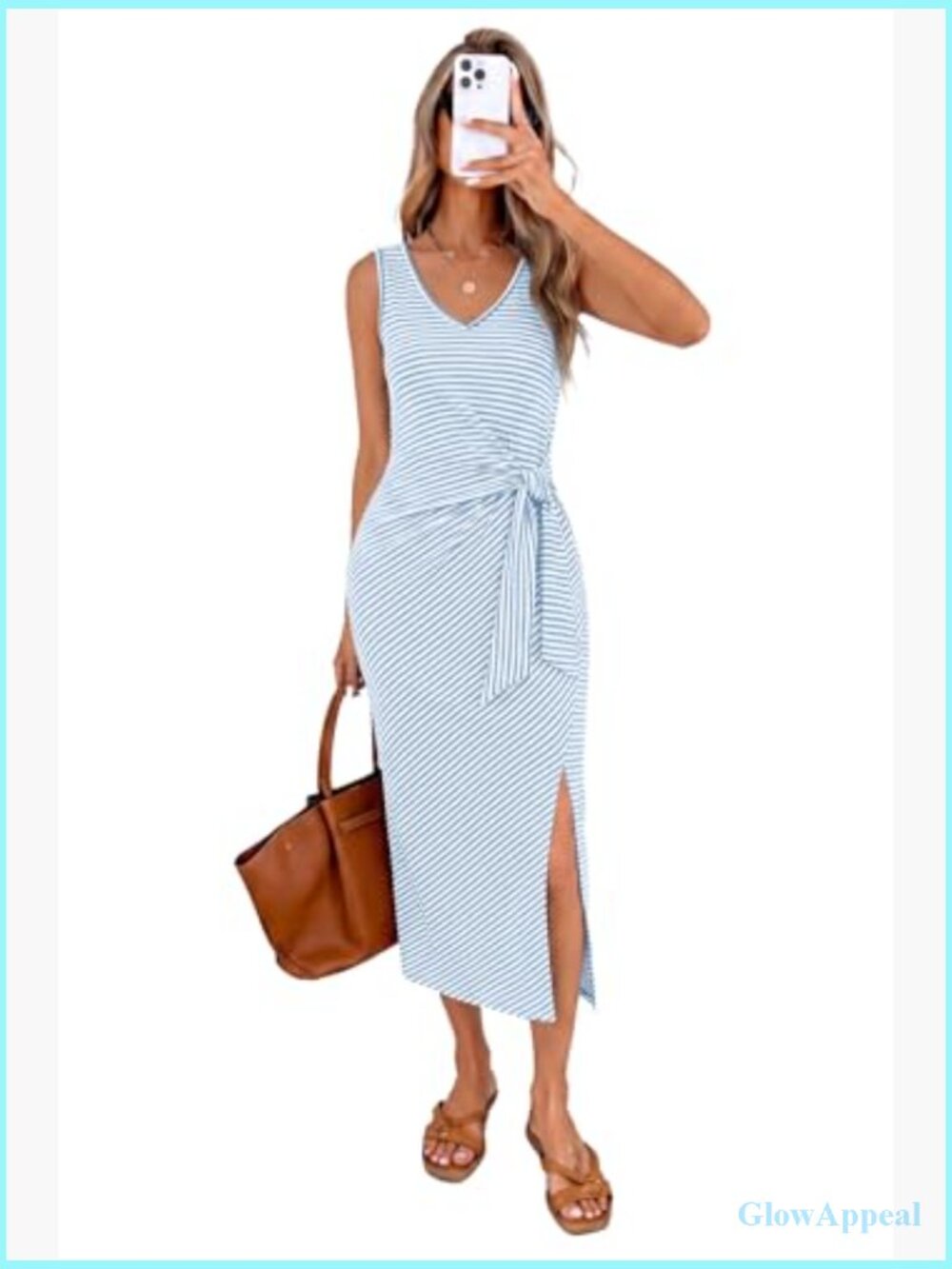 Women's Sleeveless V-Neck Midi Dress with Tie Waist Side Slit - Picture 3 of 7